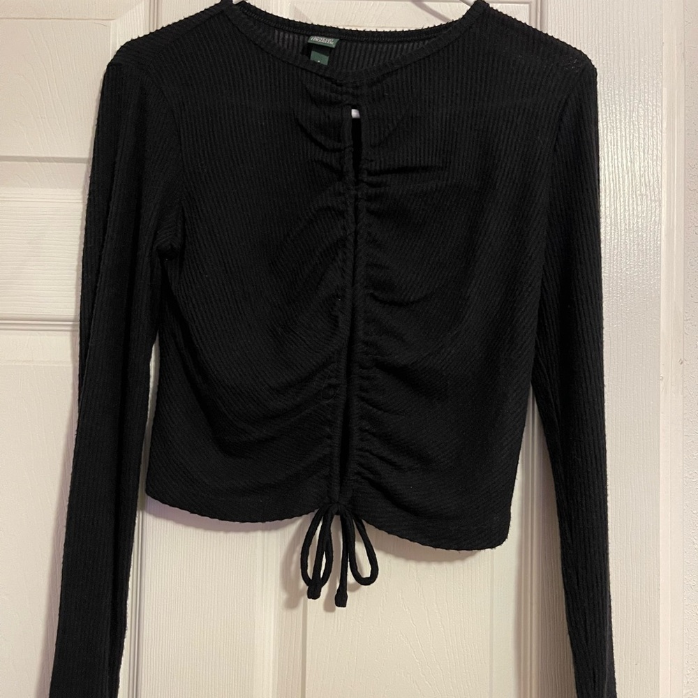 Black Ruched Tie Front Crop Blouse